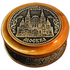 Шкатулка деревянная круглая с накладками из бересты Москва "Исторический музей" (береста, тиснение, бук) Ш-22447